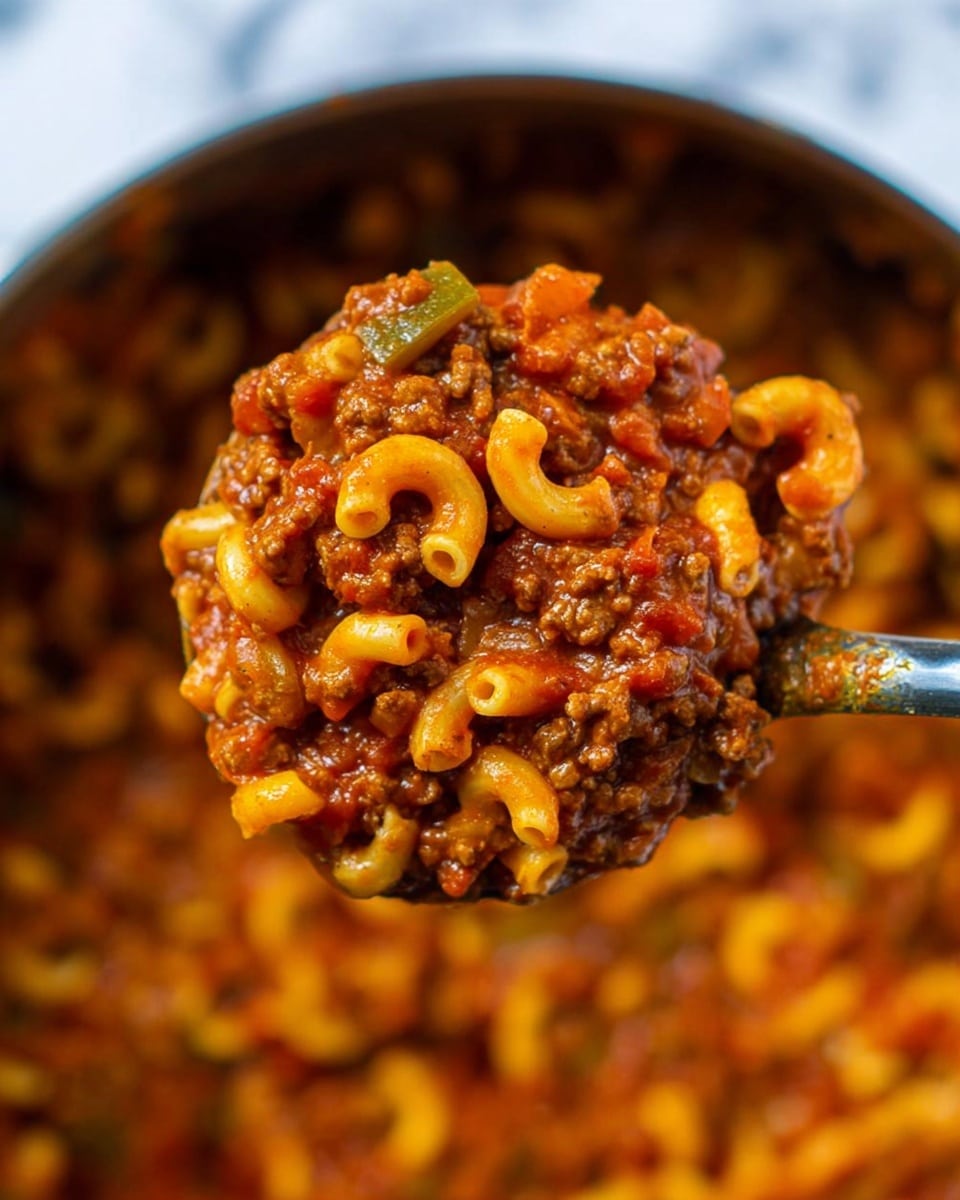 A white bowl filled with a thick, rich pasta dish made of small elbow macaroni covered in a deep red tomato sauce mixed with chunky brown meat and small bits of green pepper, giving it a textured and hearty look. The background shows a large dark blue pot slightly blurred, with a metal ladle inside, and a couple of stacked white bowls on the side, all placed on a white marbled surface with a checkered cloth underneath part of the bowl. The scene has a warm and inviting feel, with bright natural lighting highlighting the glossy sauce and pasta, photo taken with an iphone --ar 4:5 --v 7