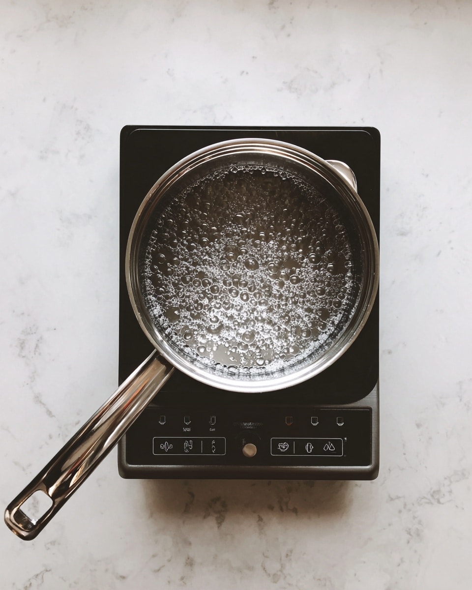 A top view of a shiny metal saucepan with a long handle, sitting on a black electric stove with digital buttons on the front. Inside the pan, a light bubbling liquid is cooking, showing small bubbles around the surface. The stove is placed on a white marbled textured surface. photo taken with an iphone --ar 4:5 --v 7
