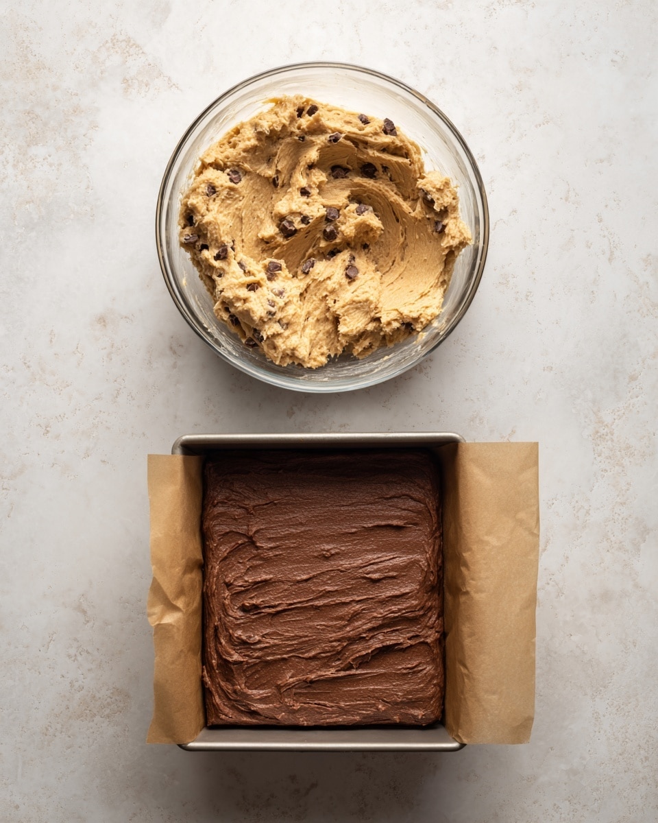 The image on the left shows a clear glass bowl containing thick, beige dough mixed with small dark pieces, with a textured and slightly clumpy surface. The bowl sits on a white marbled texture background. The image on the right shows a square metal baking pan lined with brown parchment paper, filled evenly with smooth, thick chocolate batter that has a slightly rough texture and a rich, dark brown color. The pan is placed on the same white marbled texture background. Photo taken with an iphone --ar 4:5 --v 7
