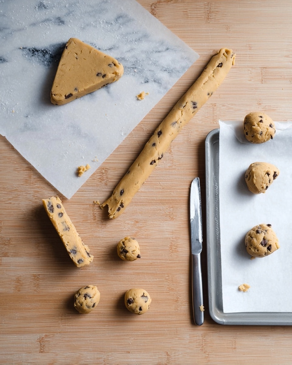 The image shows raw cookie dough being shaped on a wooden surface with a white marbled texture. There is a large triangular piece of dough at the top, a long, thin rolled dough log below it, and a short dough piece cut from the log. Near the bottom center, there are several small round dough balls, some placed on the wooden surface and four arranged on a white baking tray lined with parchment paper on the right. A knife with a silver handle lies horizontally near the bottom edge of the image. The dough is light brown with visible dark chocolate chips mixed in photo taken with an iphone --ar 4:5 --v 7