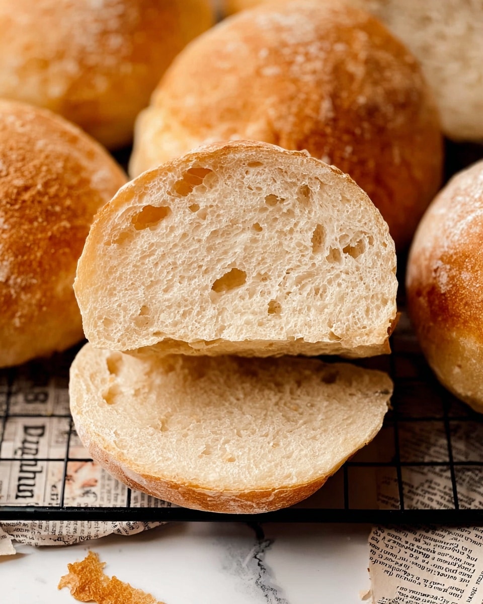 A close-up view of freshly baked bread rolls placed on a black wire rack over a white marbled surface. The image shows one roll sliced open, revealing its light beige, soft, and airy crumb with small holes and a slightly chewy texture. Surrounding the cut roll are whole rolls with a golden-brown crust that looks crispy and slightly rough, with some light dusting of flour. Pieces of a torn newspaper can be seen under and around the rack, adding a casual, rustic touch. Photo taken with an iphone --ar 4:5 --v 7