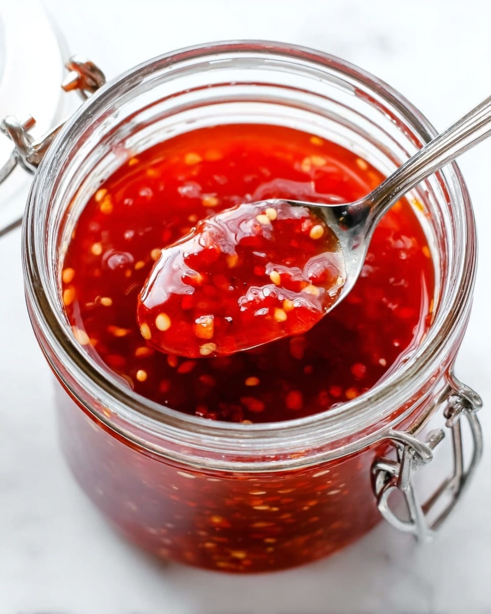 The image shows a glass jar filled with bright red chili sauce that has small chili flakes and seeds mixed inside. A shiny silver spoon is dipped into the jar, holding some of the sauce, which looks sticky and glossy with a smooth texture. The jar is placed on a white marbled surface. The jar’s metal clasp is visible on the side, adding a slight metallic detail. The shot is close-up and well-lit, showing the clear and rich red color of the sauce clearly. photo taken with an iphone --ar 4:5 --v 7