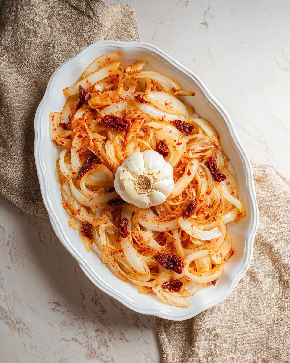 The image shows a white scalloped oval dish filled with thinly sliced white onions seasoned with red spices, giving them a reddish-orange tint. There are small pieces of dark red sun-dried tomatoes scattered throughout the onions. In the center of the dish, a bulb of garlic with the top cut off reveals creamy yellow cloves inside. The dish sits on a white marbled surface with a beige cloth nearby. Photo taken with an iphone --ar 4:5 --v 7