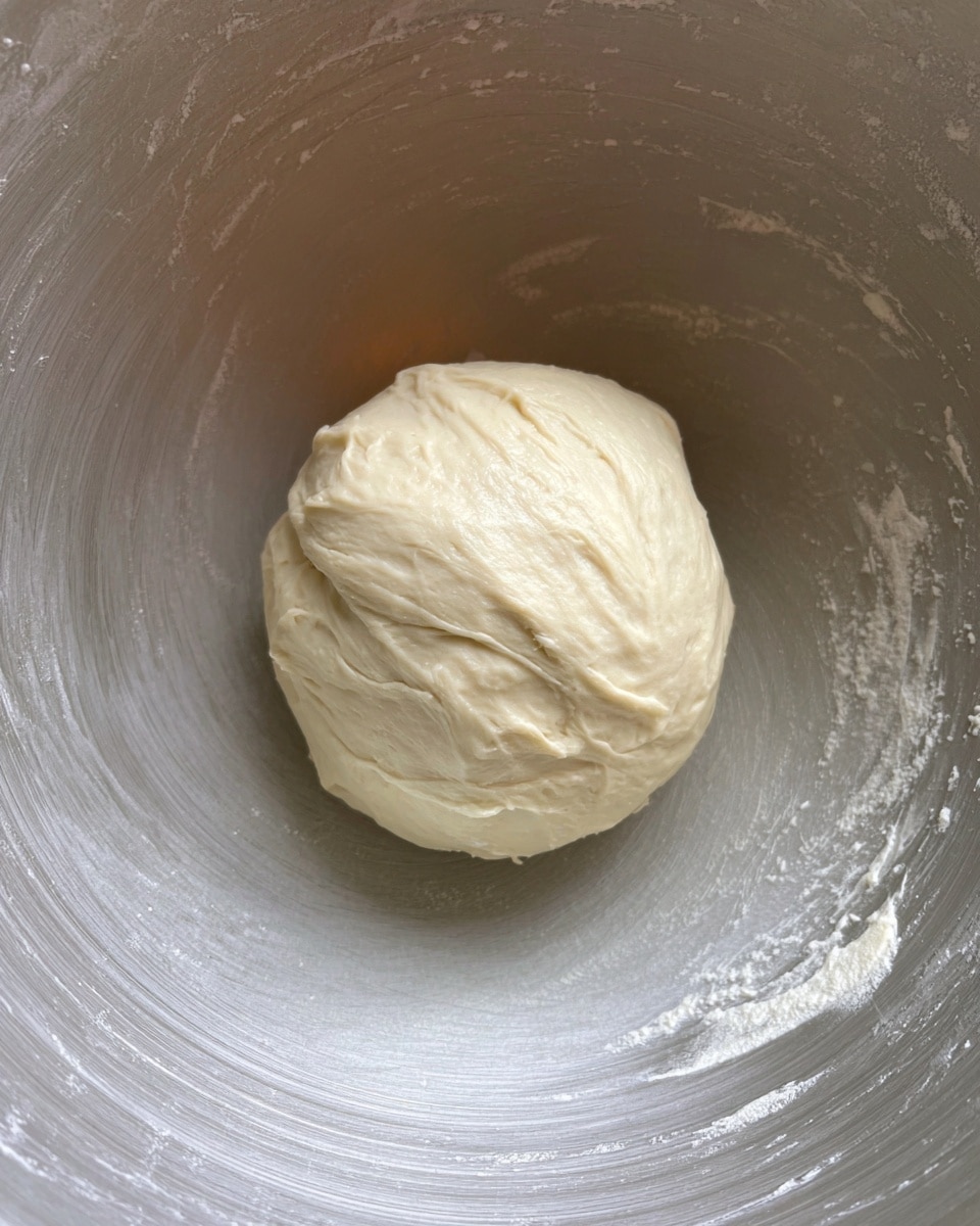 A single round ball of pale creamy dough rests in the center of a smooth, shiny metal bowl. The dough looks soft and slightly sticky with gentle folds and creases on its surface. The inside of the bowl is coated with a thin layer of dough residue, showing slight swirl marks. The image background is a white marbled texture. photo taken with an iphone --ar 4:5 --v 7