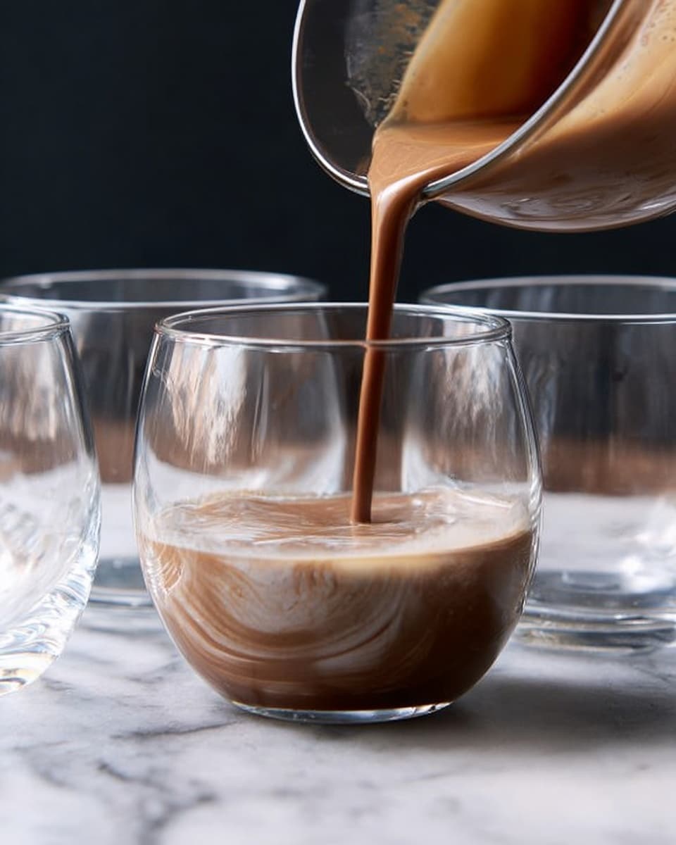 A clear round glass is placed on a white marbled surface, and a thick, smooth light brown liquid is being poured into it from a round bowl above. The glass is partially filled, showing the swirl patterns inside the liquid as it flows. Next to it, there are three more empty clear glasses, all with the same shape, arranged in a slightly scattered formation. The background is dark, making the glasses and pouring liquid stand out clearly. photo taken with an iphone --ar 4:5 --v 7