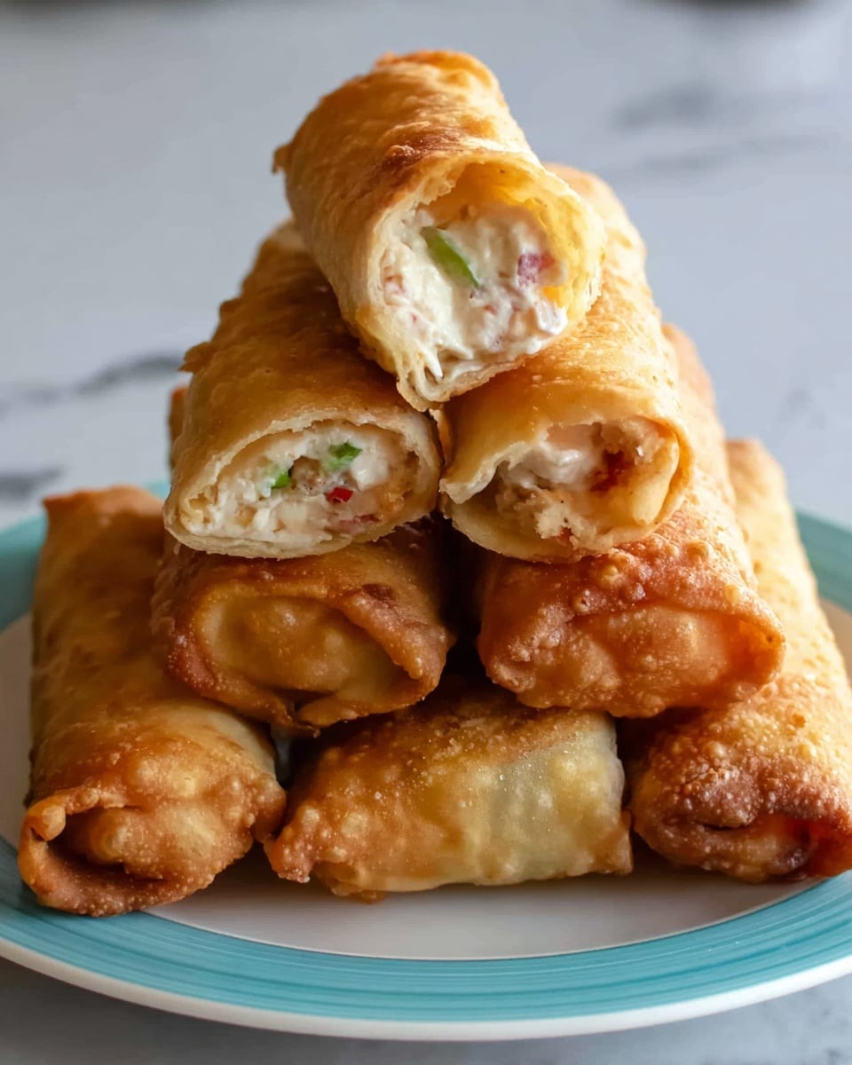 The image shows a stack of six golden-brown crispy rolls on a white plate, which is sitting on a turquoise charger. The rolls have a bubbly texture on the outside with some parts darker from frying. Three of the rolls are positioned vertically on top, showing the creamy white filling with tiny bits of green and red inside. The rest of the rolls are laid horizontally at the bottom, with their smooth, browned sides visible. The scene has a white marbled surface background. photo taken with an iphone --ar 4:5 --v 7