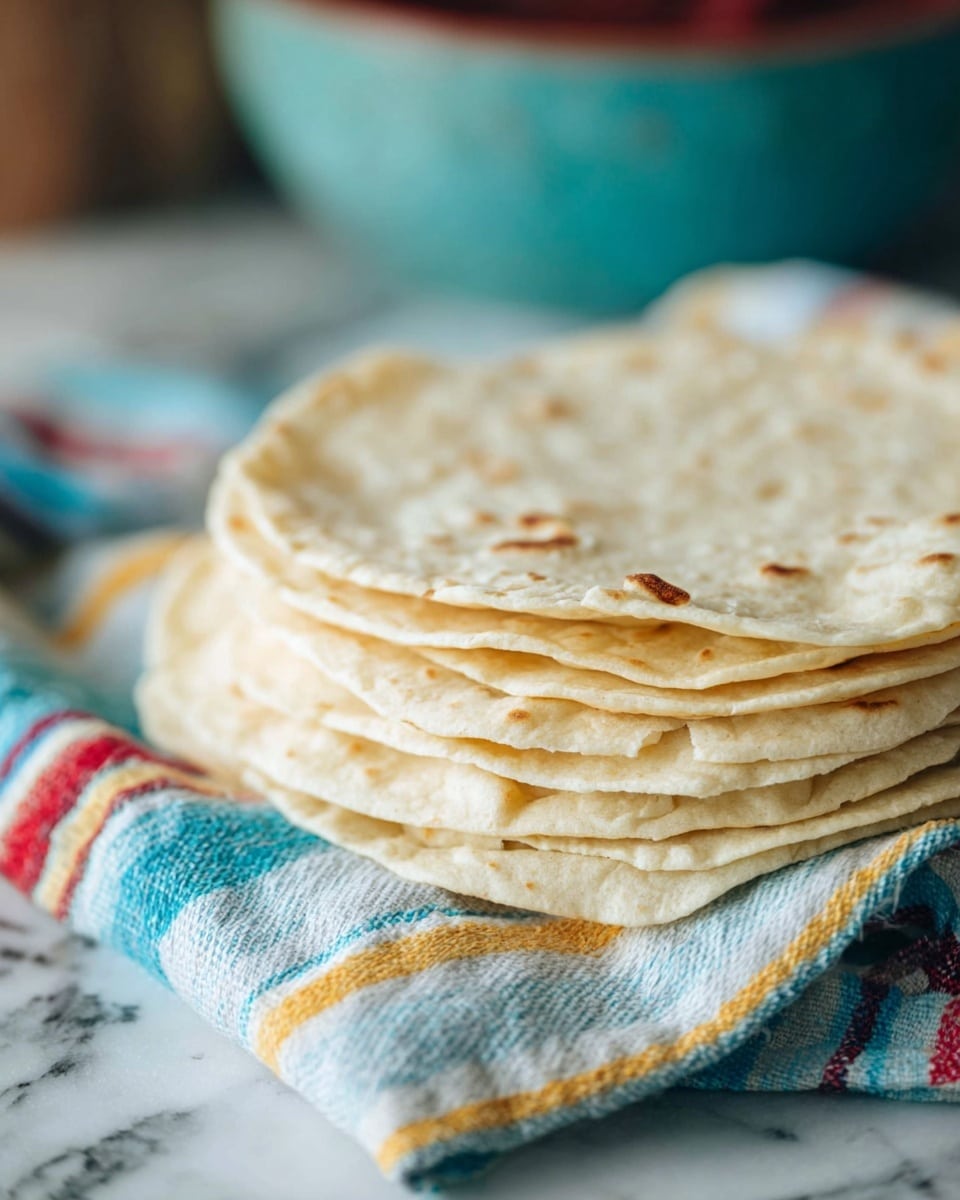 A stack of soft, light beige tortillas with a few small brown spots is folded in half and neatly piled on top of one another, showing about eight visible layers with a thin, smooth texture. The tortillas rest on a colorful, folded cloth with blue, white, yellow, and red stripes, all placed on a white marbled surface. The background is softly blurred with cool tones, hinting at a teal bowl and other kitchen items in soft focus, creating a cozy kitchen feel. photo taken with an iphone --ar 4:5 --v 7
