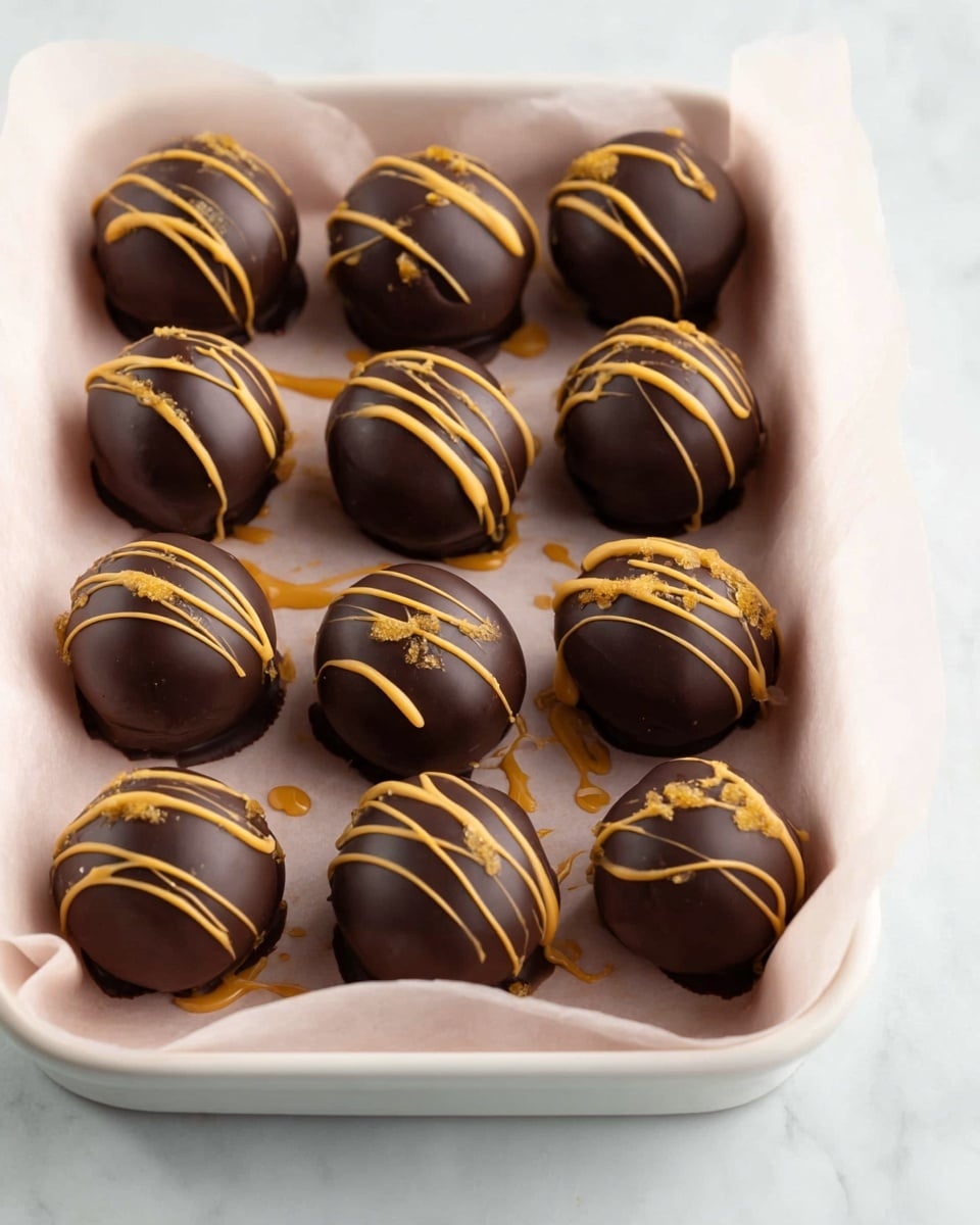 There are about sixteen round dark chocolate balls arranged in three rows inside a white tray lined with light pink parchment paper. Each ball is decorated with thin, uneven yellowish-orange drizzle on top, adding a splash of color and texture. The balls have a smooth, shiny surface, and the tray shows some drip marks of the same drizzle around the balls. The tray sits on a white marbled surface with soft lighting enhancing the glossy look of the chocolate balls. photo taken with an iphone --ar 4:5 --v 7