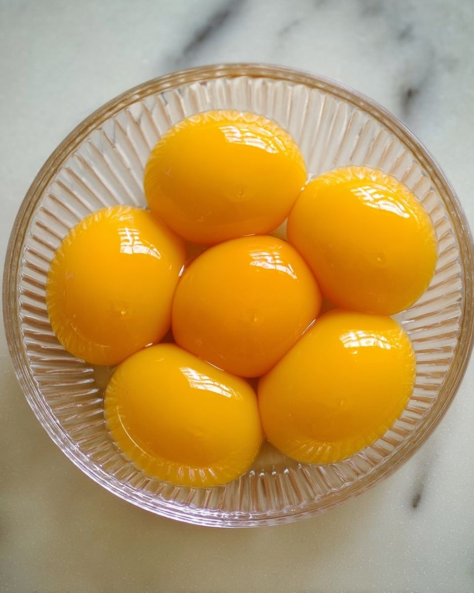 A clear glass bowl with vertical ridges holds six bright yellow egg yolks arranged in two layers: five yolks forming an outer ring and one yolk sitting in the center, all glowing with a smooth and shiny texture. The bowl is set on a white marbled surface, and soft light reflects on the yolks, making them look fresh and rich. photo taken with an iphone --ar 4:5 --v 7