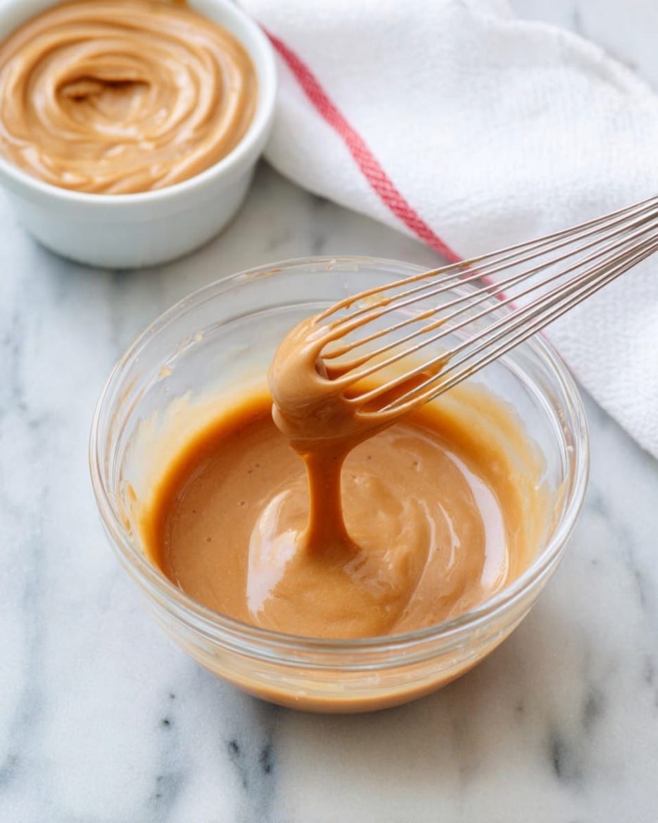 A clear glass bowl filled with smooth, light brown sauce is at the center, with a metal whisk lifting some sauce showing its thick, creamy texture. Behind it, a small white bowl holds more of the same sauce with a thick, swirled surface. Both are set on a white marbled surface, and a white cloth with a red stripe is partly visible on the top right side. The scene is bright and simple, focusing on the rich sauce and the whisk’s shiny metal wires photo taken with an iphone --ar 4:5 --v 7