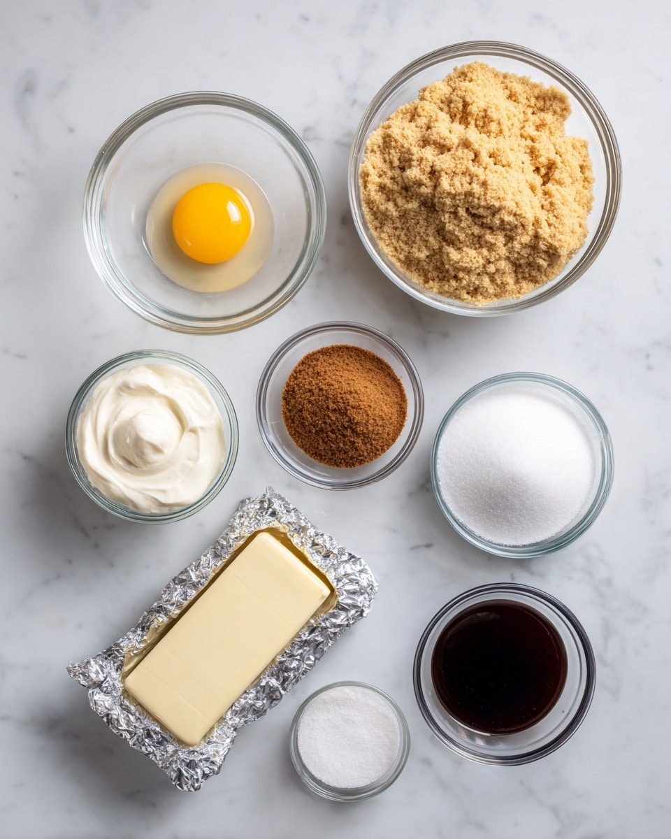The image shows seven clear glass bowls arranged on a white marbled surface, each bowl containing a different ingredient for baking. Starting from the top center and moving clockwise, the first small bowl holds a single raw egg with a bright yellow yolk and clear white. To its right, a large bowl is filled with light brown, finely crushed graham crackers. Next, a small bowl contains dark brown soft brown sugar. Below that, a stick of pale yellow butter wrapped in foil lies horizontally next to a rectangular silver-wrapped block of cream cheese. Slightly to the left, a small bowl contains white sour cream with a smooth, thick texture. Above this, a medium bowl holds white granulated sugar. Lastly, slightly above and to the right of this, there is a very small bowl with dark brown vanilla liquid. Each bowl and item is neatly placed with labels in black capital letters above or beside them. Photo taken with an iphone --ar 4:5 --v 7