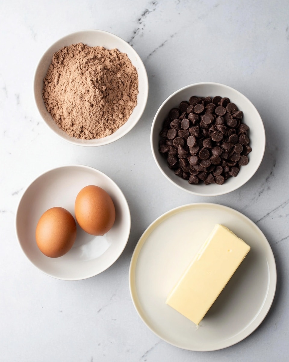 The image shows four white bowls and plates on a white marbled surface, each holding a different baking ingredient. The top left bowl contains a mound of light brown cocoa powder with a slightly clumpy texture. The top right bowl holds many small, dark brown chocolate chips that have a smooth, shiny surface. The bottom left bowl has two brown eggs with smooth shells placed side by side. The bottom right plate carries a rectangular stick of pale yellow butter with a slightly soft texture. The setup is neat and well-lit. Photo taken with an iphone --ar 4:5 --v 7
