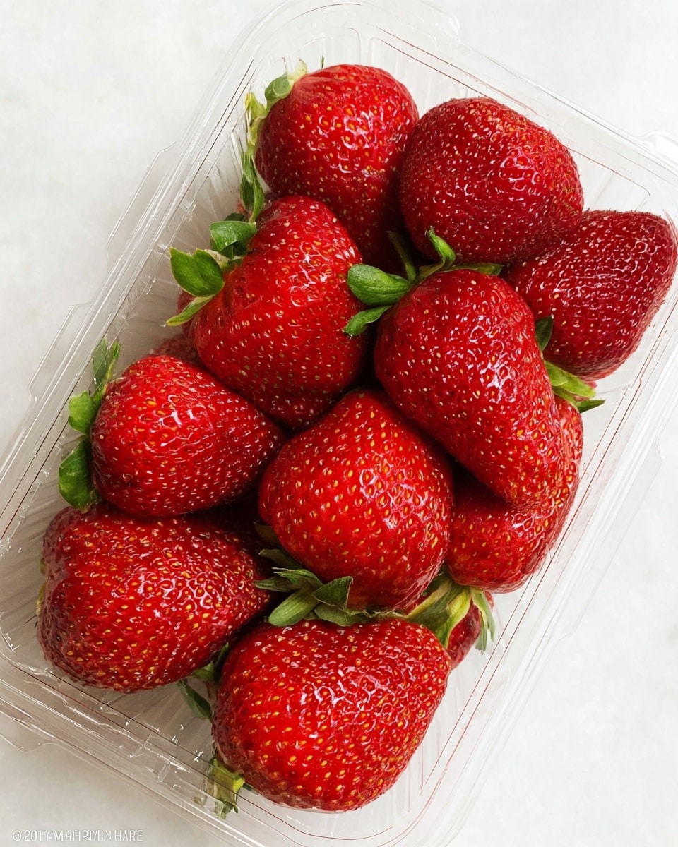 A clear plastic container filled with large, bright red strawberries with green leafy tops visible beneath them, showing a shiny, bumpy texture on the fruit's surface, placed on a white marbled background photo taken with an iphone --ar 4:5 --v 7