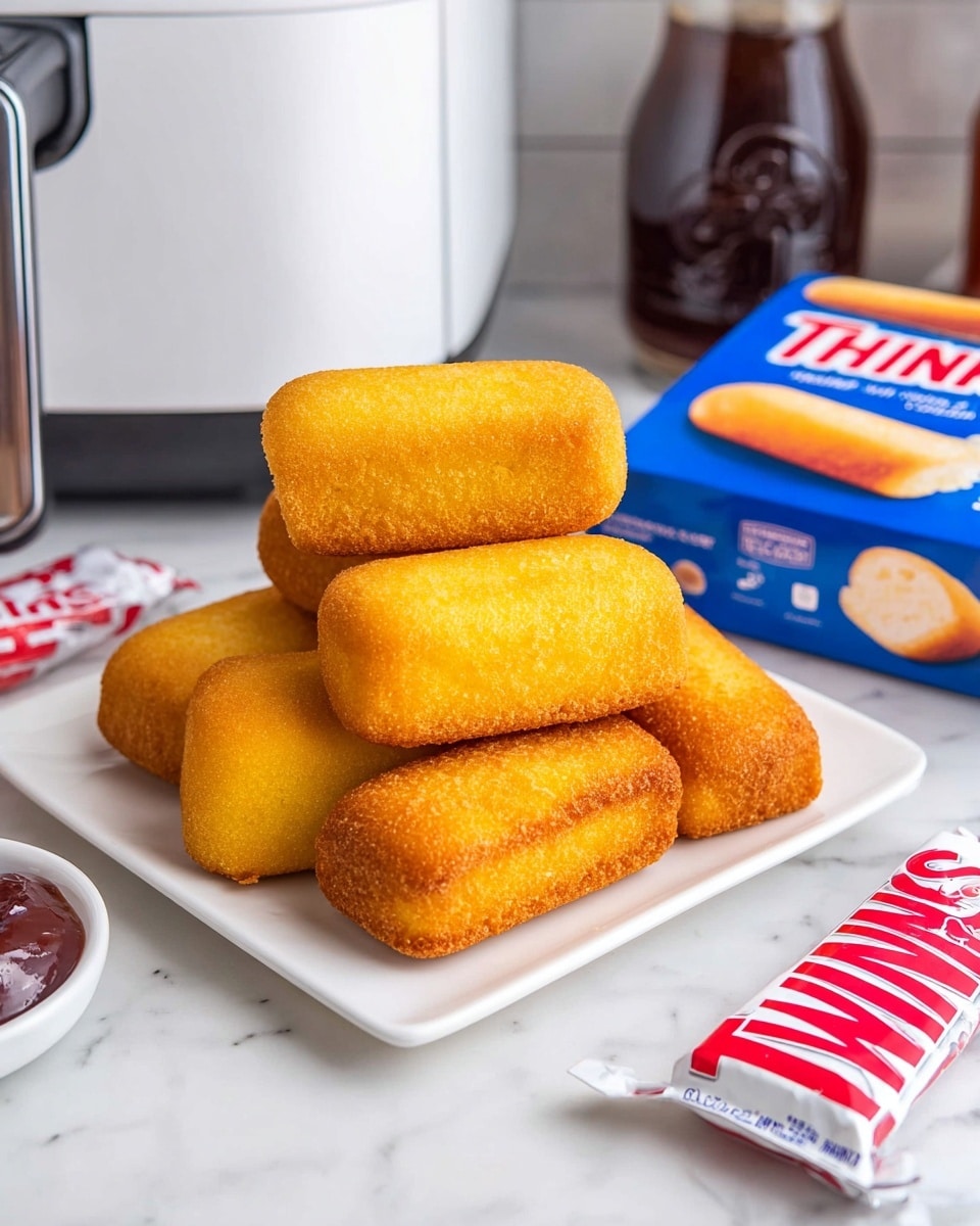 The image shows a white square plate stacked with nine golden brown Twinkies that have a smooth, slightly crispy texture on the outside. The Twinkies are arranged in a loose pile with some stacked on top of others. To the right side of the plate, there is a blue and white box of Hostess Twinkies with bright red text. In the front right corner, there is a wrapped Twinkie with white and red packaging. The whole scene sits on a white marbled surface with a soft background including an air fryer and a bottle of chocolate syrup. Photo taken with an iphone --ar 4:5 --v 7