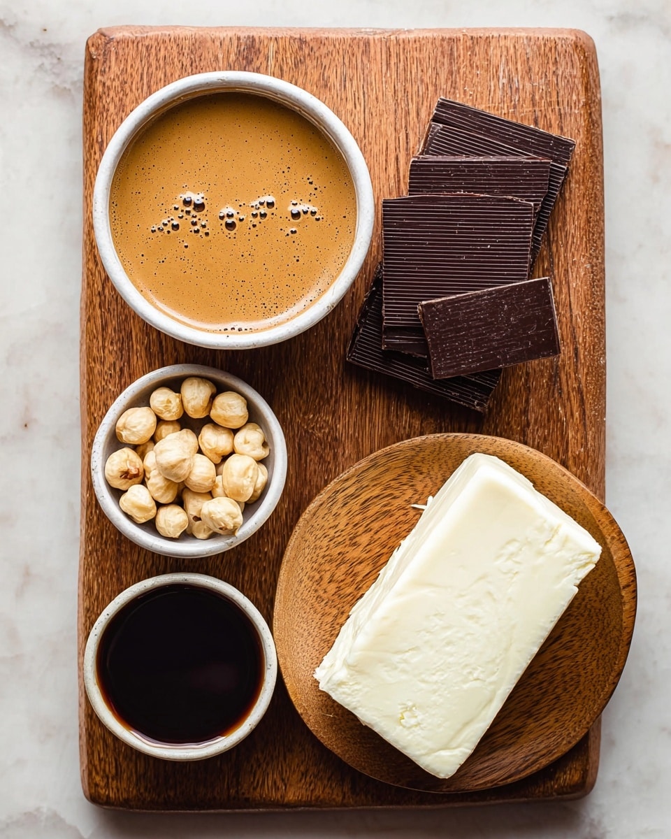 The image shows a baking tray lined with brown parchment paper, filled with a single layer of whole and halved toasted hazelnuts spread evenly around the edges. In the center, there is a thick, glossy, dark brown chocolate batter dolloped in several uneven but connected mounds, with smooth, shiny texture and visible folds. The batter contrasts with the rough, light brown hazelnuts around it. The tray sits on a white marbled surface. Photo taken with an iphone --ar 4:5 --v 7