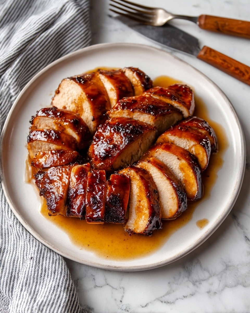 A white plate holds two rows of thick, juicy slices of glazed cooked chicken, each piece showing a caramelized dark brown outside with a tender light brown inside. The chicken is arranged neatly with a shiny sauce pooled under and around the pieces, giving a rich amber glow. The plate sits on a white marbled surface next to a striped gray and white cloth with a wooden-handled knife and fork placed beside it. Photo taken with an iphone --ar 4:5 --v 7