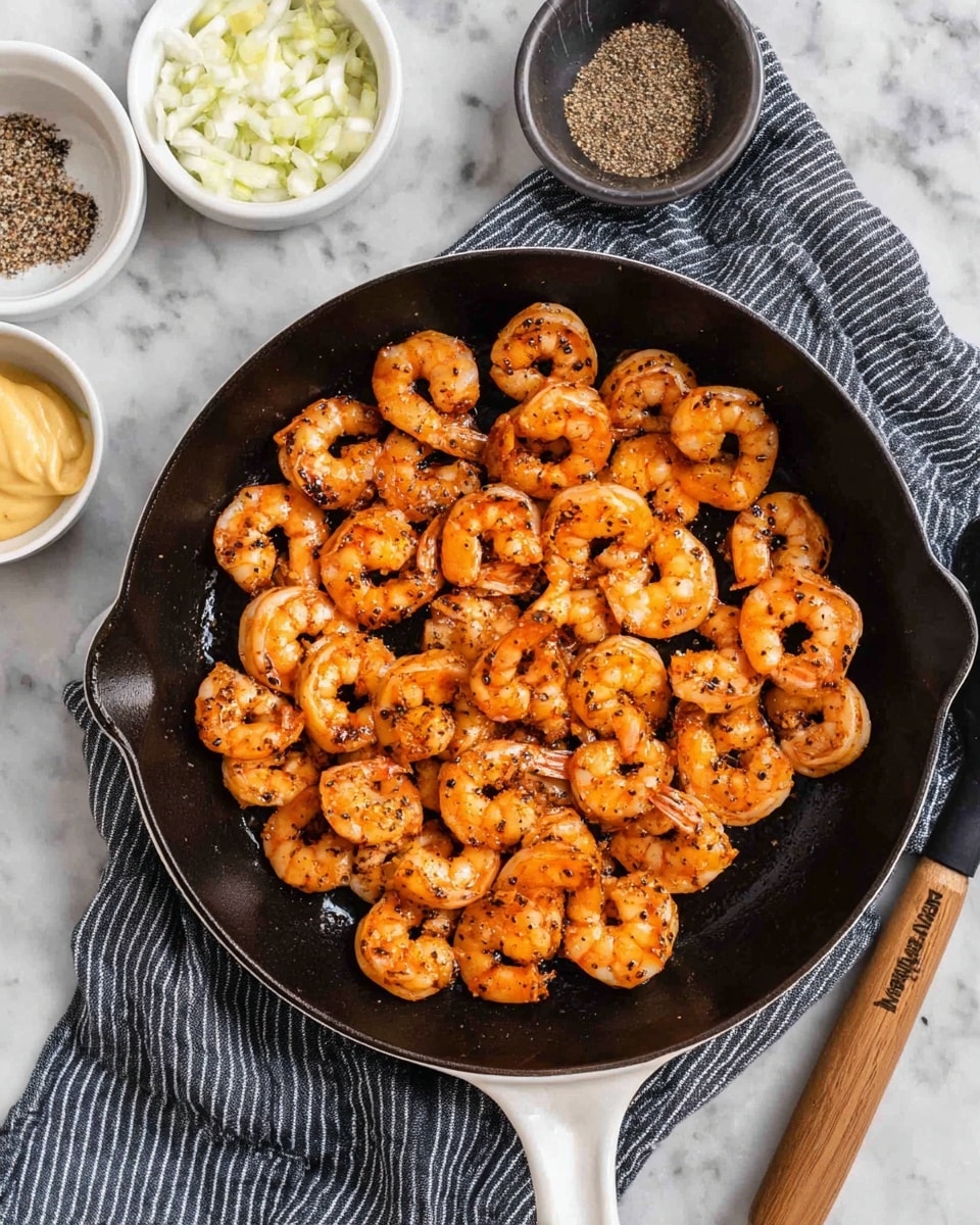 A black cast iron skillet filled with one layer of cooked shrimp, each shrimp orange with a slightly charred texture and black seasoning specks, evenly spread out. The skillet has a white handle and rests on a black and white striped cloth. Around the skillet on a white marbled surface are small white bowls containing mustard, powdered salt, ground pepper, and a sauce. A black spatula with a wooden handle is placed on the right side of the skillet. Photo taken with an iphone --ar 4:5 --v 7