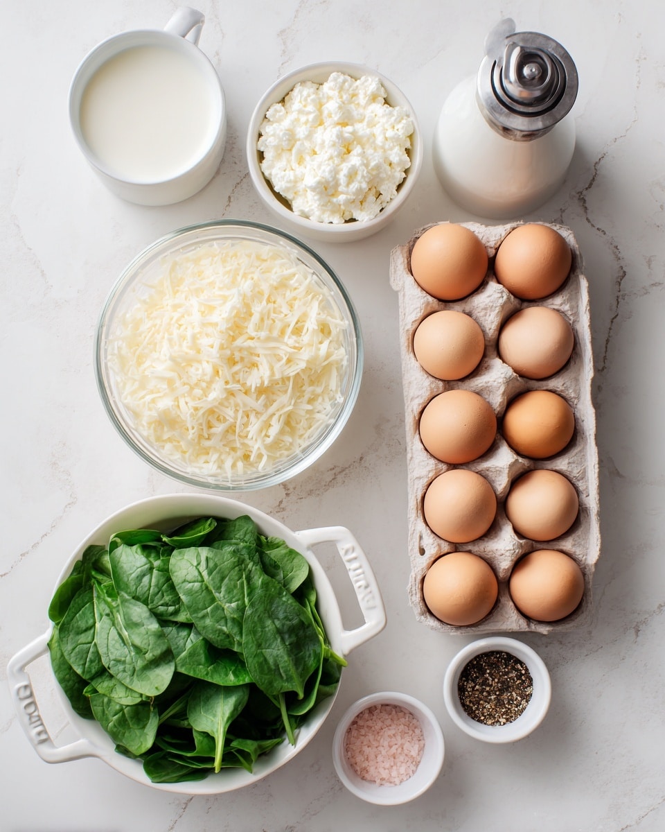 A top-down view of cooking ingredients arranged neatly on a white marbled texture. On the right side, a carton of twelve brown eggs sits open, showing the smooth, oval shapes. Above the eggs is a tall silver cooking spray can. To the left, a small white bowl filled with white milk, next to a larger white bowl holding white, lumpy cottage cheese. Below the cottage cheese is a transparent container full of shredded pale yellow parmesan cheese. At the bottom left, a white bowl with handles contains fresh green spinach leaves with visible veins and smooth textures. To the right of the parmesan cheese are two small white bowls, one filled with black pepper and the other with pink salt. All items are bright and clearly visible. Photo taken with an iphone --ar 4:5 --v 7