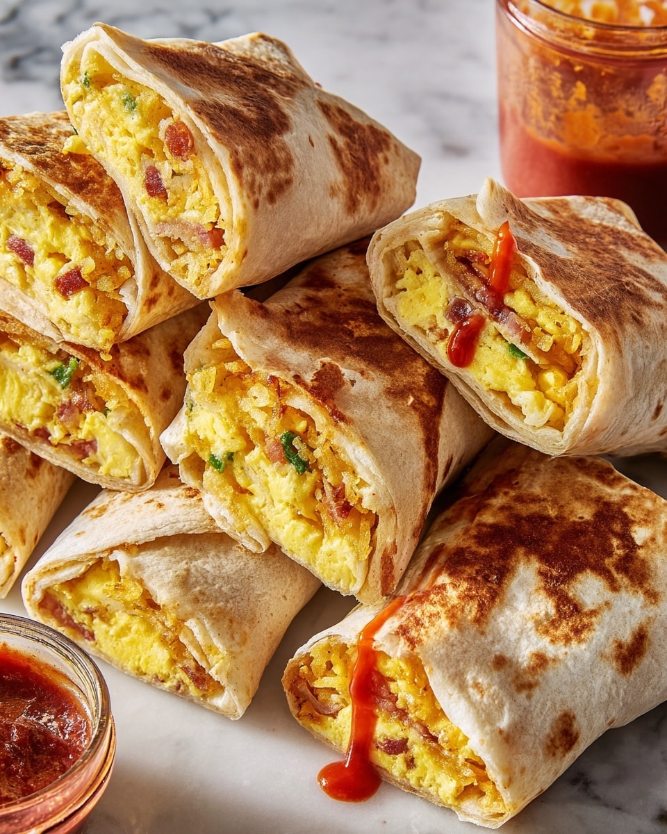 The image shows several folded wraps arranged closely on a white marbled surface. Each wrap has a toasted light-brown tortilla exterior with visible golden-brown spots and a crispy texture on some parts. Inside, there are layers of soft, yellow scrambled eggs mixed with bits of bacon and finely chopped green herbs, along with a layer of light-brown hash brown potatoes. A few of the wraps are topped with drops and smears of red sauce, adding a bright contrast. In the background, a glass jar of red sauce with a red lid is partially visible. photo taken with an iphone --ar 4:5 --v 7