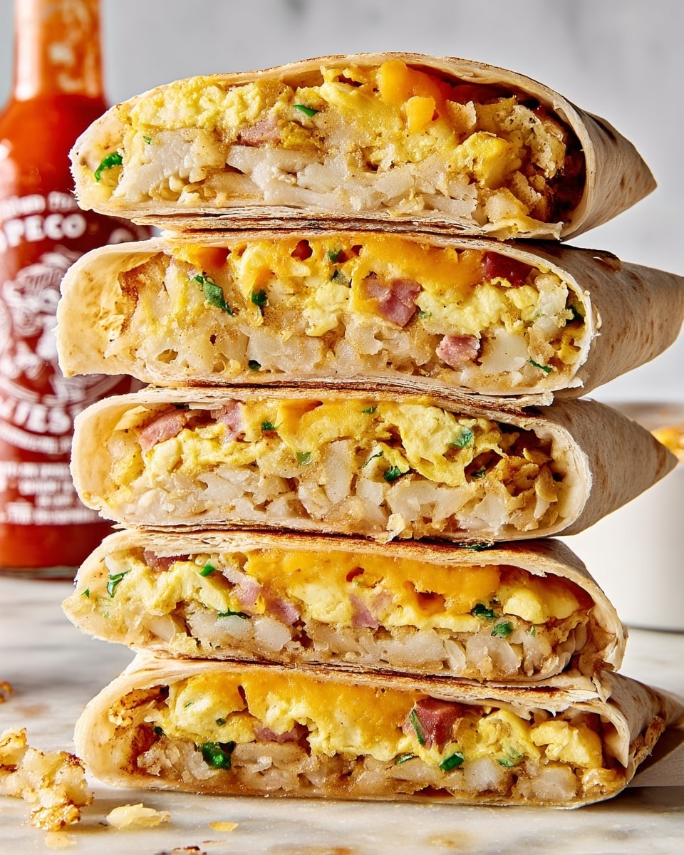 A stack of five folded breakfast burritos with visible layers, each burrito showing a soft, light brown tortilla wrap on the outside. Inside, there are three main layers: a thick layer of pale, slightly chunky hash browns at the bottom, a fluffy yellow scrambled egg layer in the middle with some small bits of green herbs and ham, and a thin layer of melted orange cheese on top. The stack sits on a white marbled surface with some small crumbs scattered around, and a bottle of red hot sauce is partially visible in the background. The burritos are cut in half to clearly show each filling layer's texture and color photo taken with an iphone --ar 4:5 --v 7