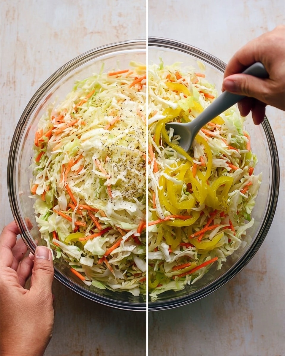 The image shows a large clear glass bowl filled with a mixed salad. The salad has several layers: at the bottom is a bed of thinly shredded light green and white cabbage, mixed with small strips of orange carrot. On top, there are light yellow pepper slices spread evenly across the salad. The salad is sprinkled with ground black pepper throughout. In the second image, two woman's hands are seen, one holding the bowl steady on the right side, and the other on the left side using a grey spoon to mix the salad gently. The bowl is on a white marbled surface. photo taken with an iphone --ar 4:5 --v 7