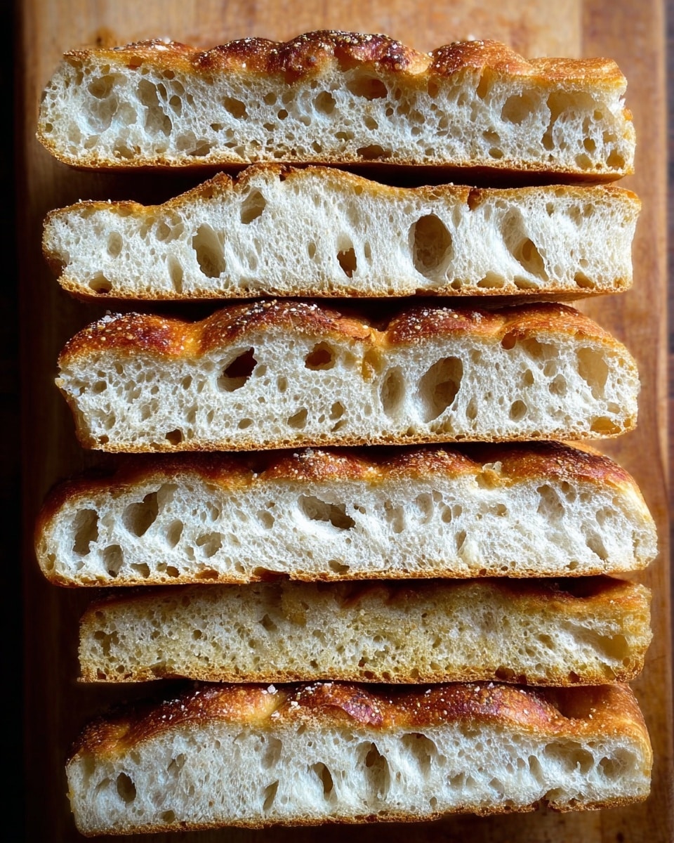 The image shows seven layers of focaccia bread slices stacked vertically on a wooden cutting board. The top and bottom layers are crusty with a dark golden-brown color and a rough texture with dimples and a sprinkling of coarse salt. The five middle layers reveal an airy and soft interior with a light cream color and many small to medium-sized holes throughout. The crumb is fluffy and has an uneven, porous texture. The background is not visible, focusing closely on the bread stack. photo taken with an iphone --ar 4:5 --v 7