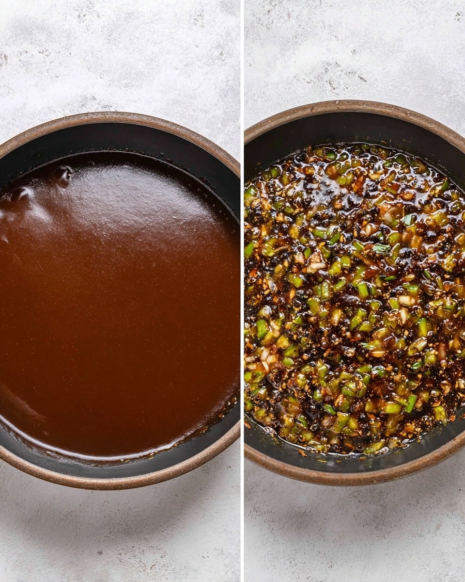 The image shows two dark pans placed side by side on a white marbled surface. The left pan contains a smooth, glossy sauce that is rich brown in color, covering the entire bottom of the pan evenly. The right pan has a bubbling dark brown sauce mixed with finely chopped green and light brown vegetables, creating a textured and colorful surface with small pieces floating in the liquid. Both pans have a smooth round edge and are filled almost to the same level. photo taken with an iphone --ar 4:5 --v 7