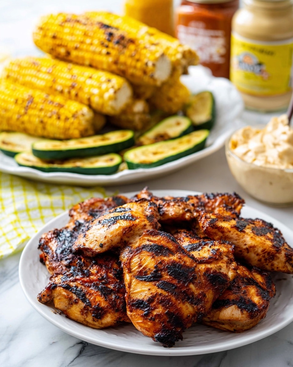 The image shows two white plates on a white marbled surface. The front plate holds several grilled pieces of chicken with dark grill marks and a rich brown color, arranged overlapping each other. Behind it, the second plate contains three ears of grilled corn with dark grill spots, stacked in a small pile, and several slices of grilled zucchini scattered around the corn, showing light grill marks and green skin with a soft middle. In the background, there are jars of mustard and mayonnaise slightly out of focus. photo taken with an iphone --ar 4:5 --v 7