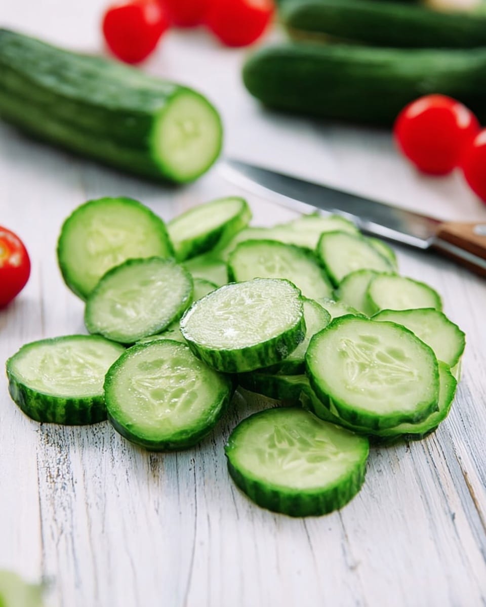 This image shows a white wooden surface with several sliced cucumber rounds spread out in the center. The cucumber slices are bright green with a dark green skin and a light, moist interior texture that looks fresh. Behind the cucumber slices, there are whole cucumbers along with some blurred red cherry tomatoes. A knife lies next to the cucumber slices, slightly angled on the right side. The scene is simple and clean with focus on the fresh vegetables. photo taken with an iphone --ar 4:5 --v 7