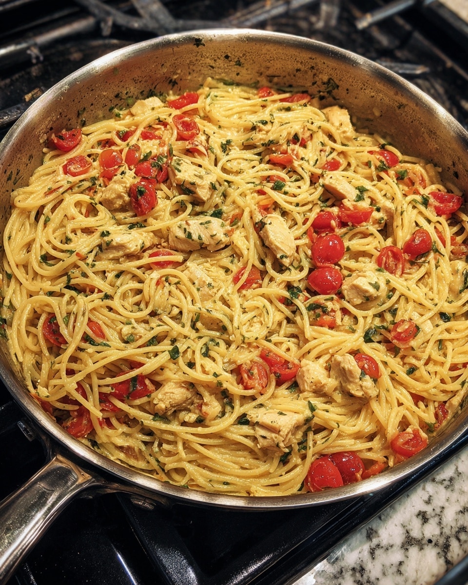A metal pan filled with creamy spaghetti mixed with small pieces of red tomatoes and green herbs visible throughout the evenly coated pasta, topped with several chunks of white cooked chicken pieces spread over the surface, placed on a black electric stove, all set against a white marbled texture background photo taken with an iphone --ar 4:5 --v 7
