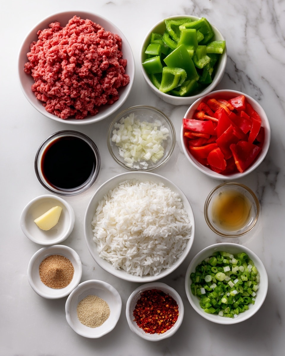 The image shows eleven small white bowls neatly arranged on a white marbled surface in a grid pattern. The largest bowl at the top left contains raw ground beef with a pinkish-red color and a soft texture. To the right, two similar white bowls hold bright red cubed bell peppers and green cubed bell peppers side by side. Below the beef bowl, a white bowl holds fluffy white cooked rice. Next to it, two small clear glass bowls contain dark soy sauce and reddish-brown hoisin sauce. A smaller white bowl with light tan sesame oil sits to the right. At the bottom left corner, a small white bowl holds light brown garlic powder, followed by another small white bowl with a slice of pale yellow ground ginger. Next to it is a small bowl of bright red pepper flakes, and finally, a small white bowl of fresh green chopped onions sits at the bottom right. Each ingredient is labeled clearly in black text above or below the bowls. The clean layout and bright lighting highlight the fresh colors and textures of the ingredients photo taken with an iphone --ar 4:5 --v 7