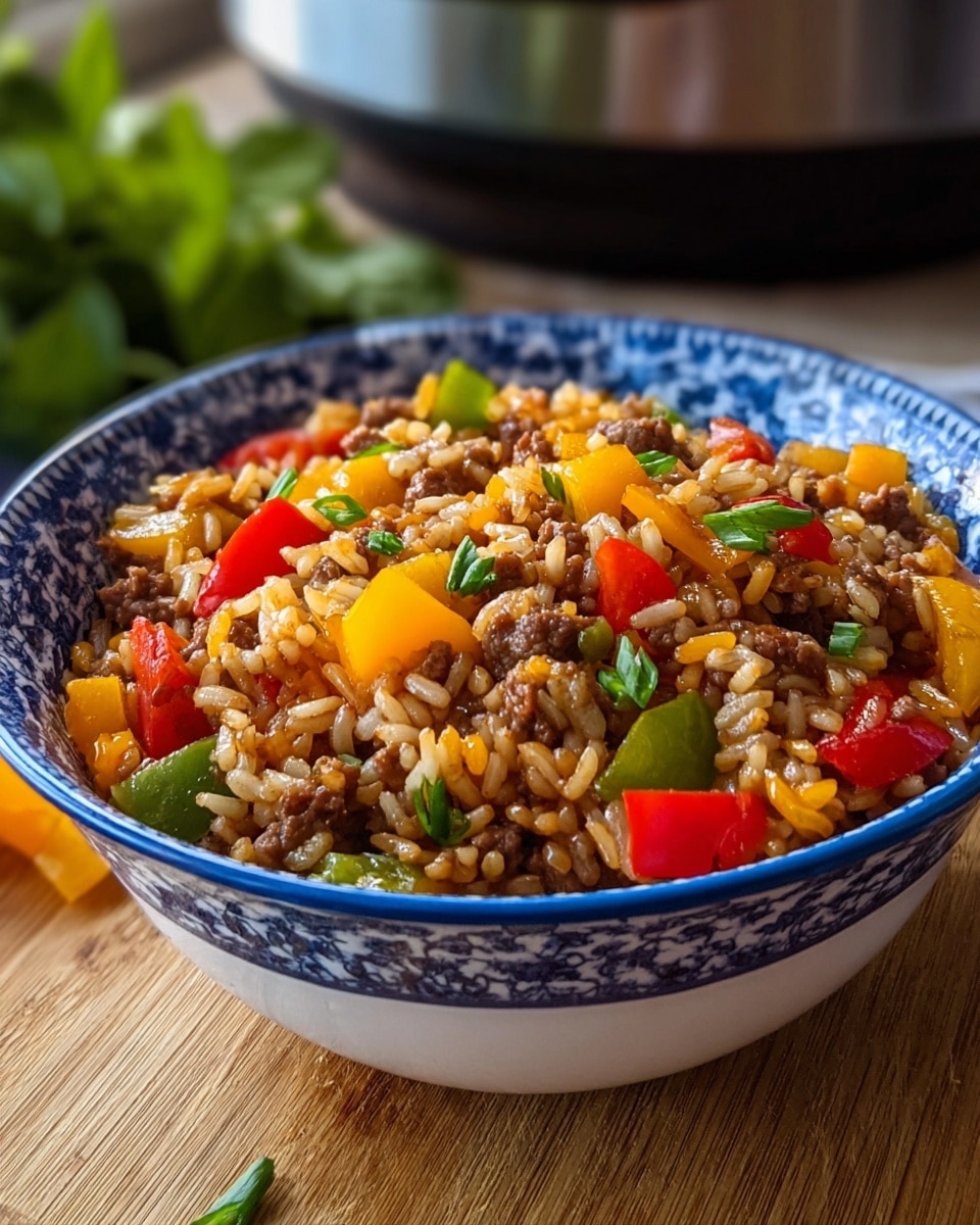 A bowl filled with a colorful mix of cooked rice, small pieces of brown meat, and chopped bell peppers in red, yellow, and green colors. The bowl is white with a blue pattern on the outside. The food looks moist and shines slightly under soft light. The bowl sits on a wooden surface with a few green leaves around it, and a slow cooker is faintly visible in the background. photo taken with an iphone --ar 4:5 --v 7