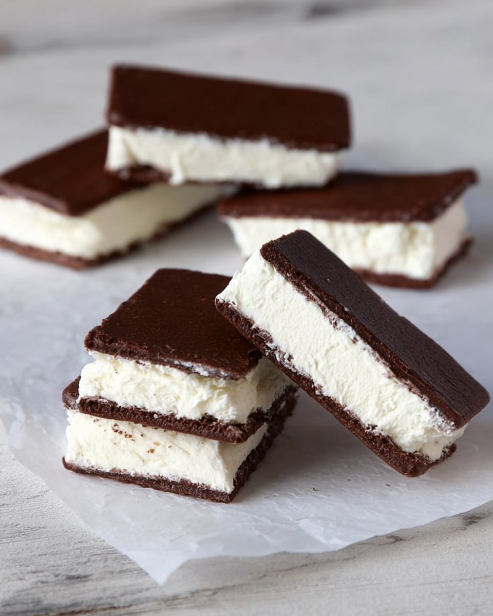 The image shows five rectangular ice cream sandwiches arranged casually on white parchment paper over a white marbled surface. Each sandwich has three visible layers: the top and bottom thin layers are dark brown, smooth chocolate wafers, while the thick middle layer is white creamy vanilla ice cream. The textures are distinct, with the smoothness of the chocolate contrasting with the fluffy, soft ice cream in the center. The sandwiches are stacked with some leaning on each other, creating a sense of depth and inviting freshness. Photo taken with an iphone --ar 4:5 --v 7