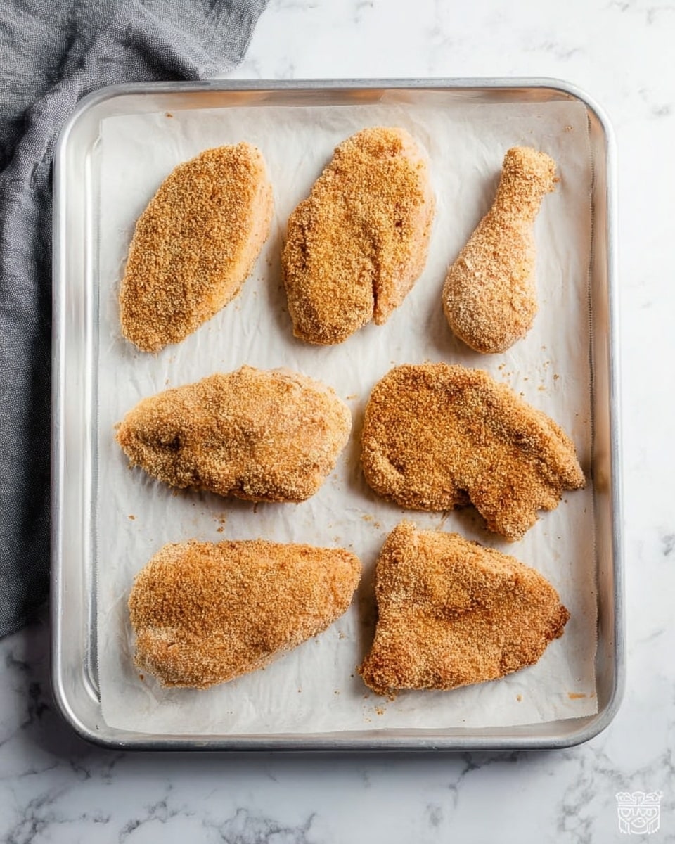 A white metal baking tray lined with white parchment paper holds seven breaded raw pieces of meat arranged in a loose grid. The pieces vary in shape and size, with three larger thin oval shapes on the left, two drumstick shapes in the top right, and two irregular flat pieces at the bottom right. Each piece is coated evenly with a light brown, coarse breadcrumb mixture showing a slightly rough texture. The tray sits on a white marbled surface, and a grey cloth is partially visible in the upper left corner. photo taken with an iphone --ar 4:5 --v 7