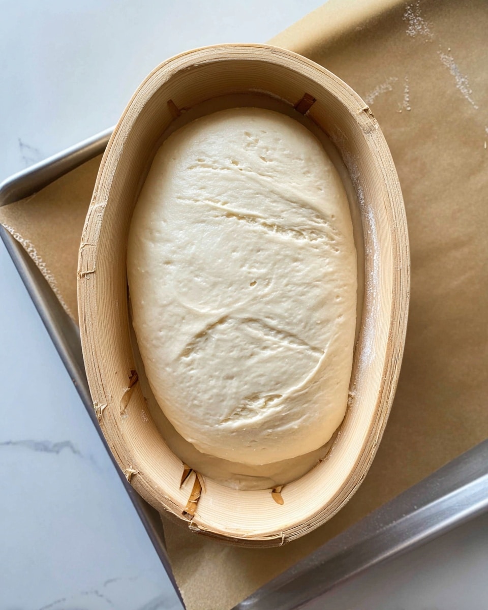 A close-up image of a pale creamy dough resting inside a light wooden oval basket with visible bamboo strips. The dough surface is smooth with faint stretch marks and a few air bubbles. The basket sits on brown parchment paper, which is on a metal baking tray. The whole setup is placed on a white marbled surface. Photo taken with an iphone --ar 4:5 --v 7