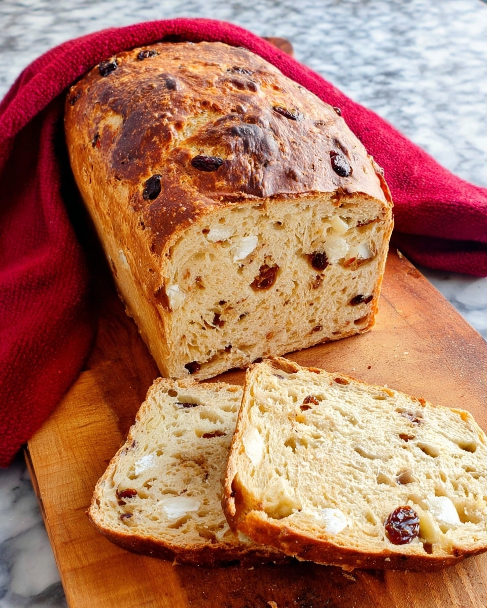 A loaf of golden-brown bread rests on a wooden board with a red cloth partially covering the top. The loaf shows a textured crust with dark spots indicating dried fruit or nuts baked inside. Several slices lie in front of the loaf, revealing a soft, light interior dotted with small dark pieces and white chunks inside. The surface beneath the board has a white marbled texture. Photo taken with an iphone --ar 4:5 --v 7
