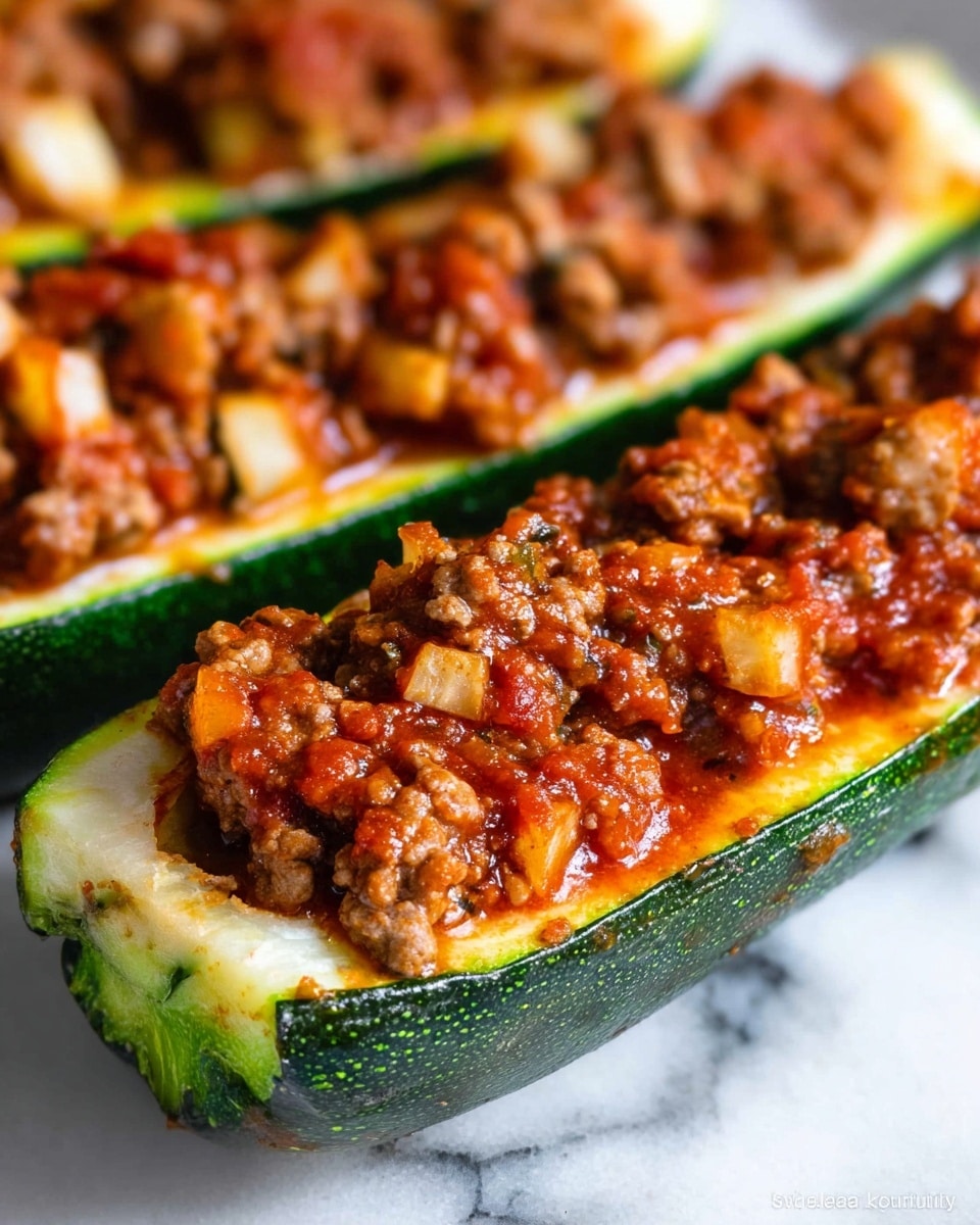 The image shows three zucchini halves, each hollowed out and filled with a chunky tomato-based mixture. The zucchini skin is dark green, and the inside flesh is light green to white. The filling has layers of small pieces of cooked vegetables and ground meat mixed with rich, red tomato sauce, with visible textures of soft diced vegetables and tender meat. The zucchini boats rest on a white marbled surface, and the filling looks moist and well-cooked with a slightly glossy finish. The focus is close-up, showing texture details of the meat and sauce. photo taken with an iphone --ar 4:5 --v 7