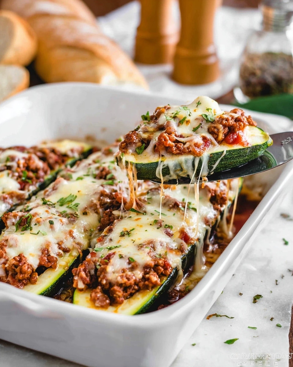A white baking dish holds three zucchini boats, each sliced lengthwise with a dark green outer skin and a pale green inner flesh. The zucchini boats are filled with a brown, crumbly ground meat mixed with tomato bits and topped with a thick layer of melted, slightly browned cheese that stretches as a metal spatula lifts one boat. Small green herb flakes are sprinkled over the cheese, adding color and freshness. The dish is set on a white marbled surface with blurred bread pieces and spice shakers in the background. photo taken with an iphone --ar 4:5 --v 7