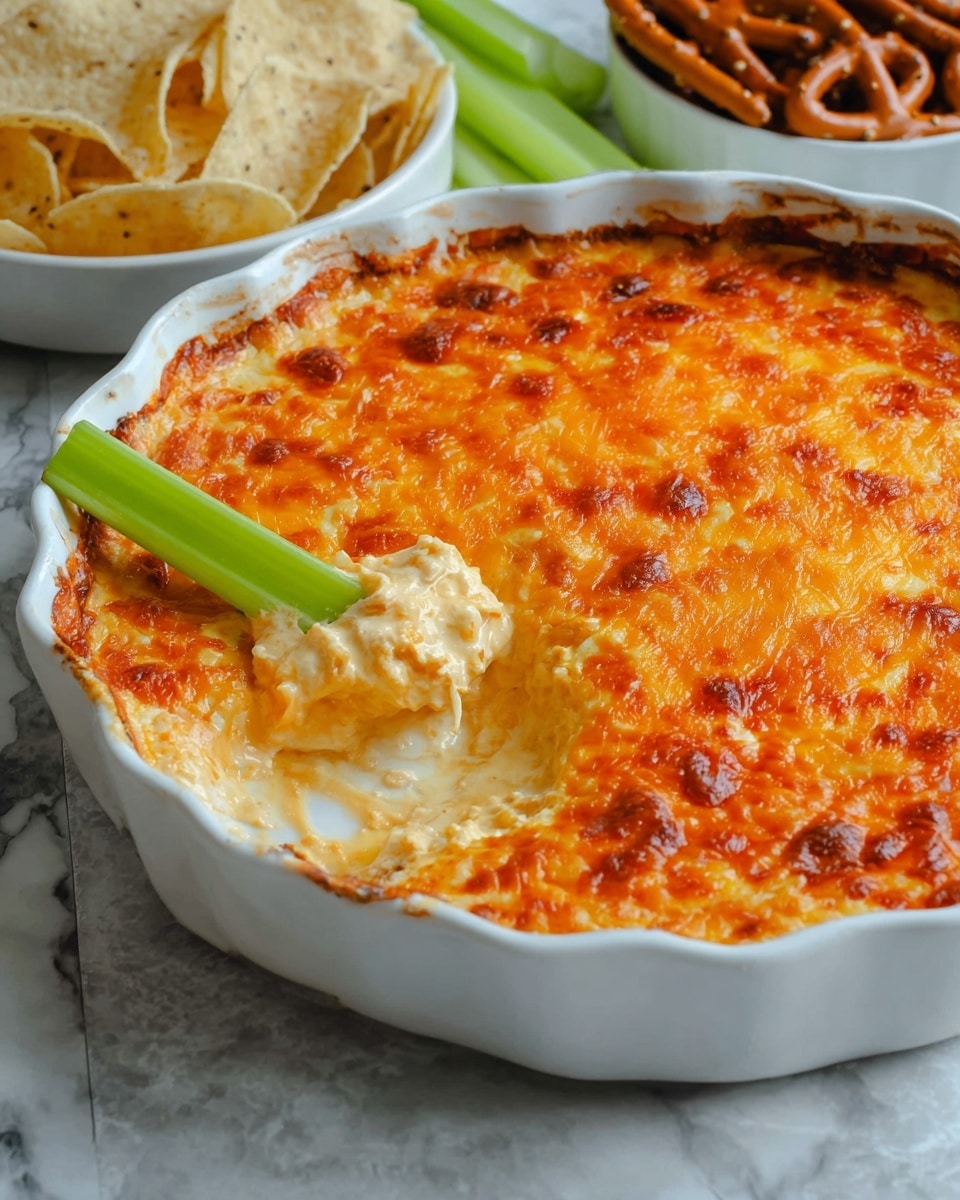A white, scalloped-edge dish holds a baked cheese dip with a bubbly, golden-orange top layer that is slightly browned at the edges. The dip is thick and creamy, with part of it scooped out by a green celery stick, revealing a smooth, cheesy interior in pale cream and light orange colors. In the background, there are round, white bowls filled with light yellow tortilla chips and brown pretzels, all set on a white marbled surface. Photo taken with an iphone --ar 4:5 --v 7