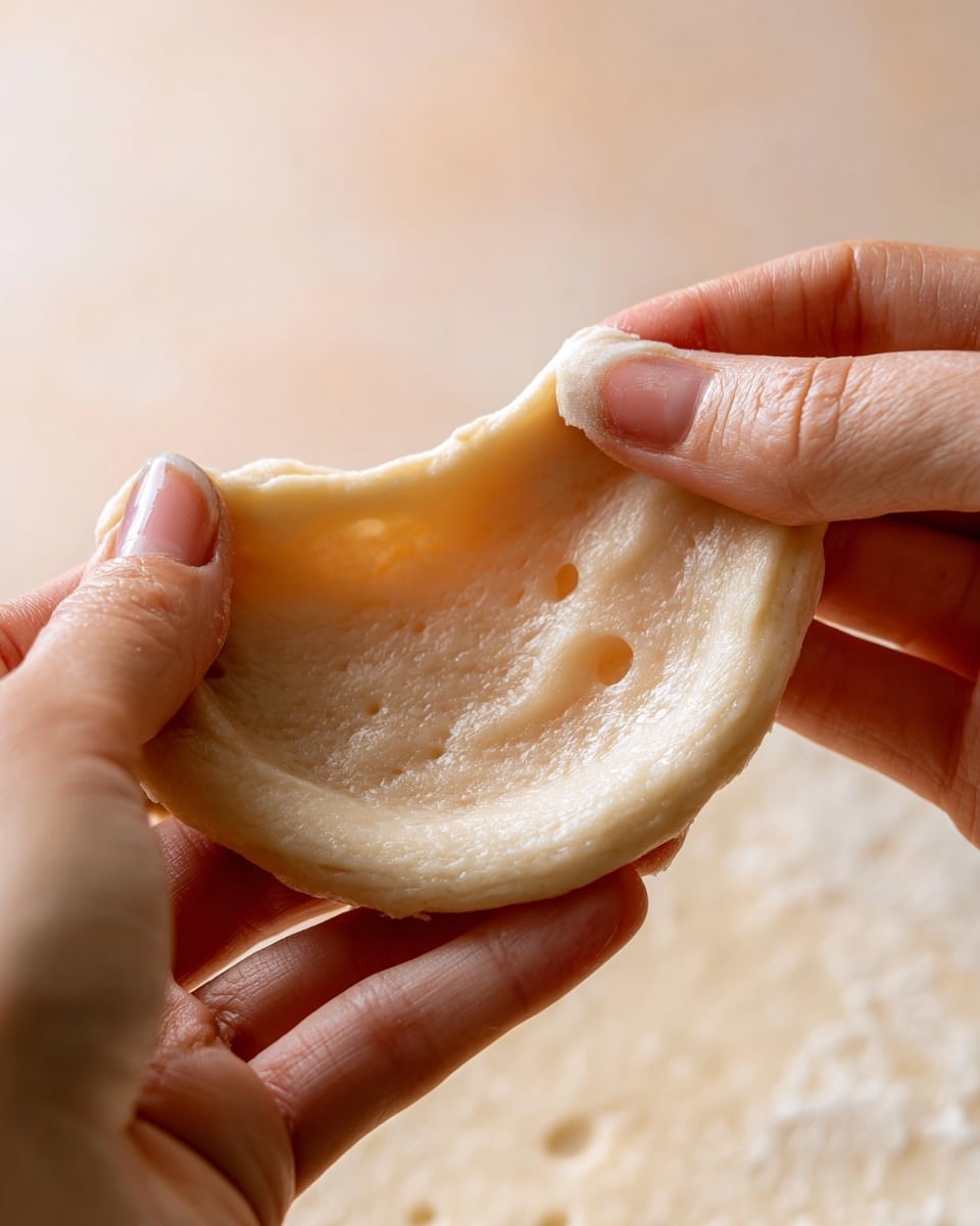 A close-up image shows a woman's hand gently stretching a piece of soft dough, creating a thin, translucent center that reveals small air bubbles and a smooth texture, while the outer edges remain thicker with a slightly uneven surface. The background has a soft, creamy tone with a gentle blur, drawing focus to the delicate dough held between fingertips with neatly manicured nails. The lighting highlights the dough's elasticity and subtle color variations in the pale dough. Photo taken with an iphone --ar 4:5 --v 7