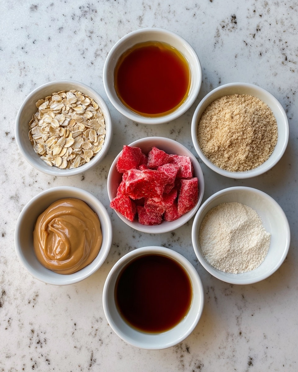Seven small white bowls are arranged on a white marbled texture, each holding a different ingredient. From the top left going clockwise, there is a bowl filled with light beige rolled oats showing a rough, flaky texture; next to it is a bowl with dark amber syrup that has a smooth and shiny surface; followed by a bowl containing a light tan powder with a crumbly texture; below is a bowl with a fine off-white powder, smooth and even; at the bottom center is a bowl with a deep brown liquid, translucent and glossy; to the bottom left is a bowl holding creamy light brown peanut butter with a swirled, thick texture; in the middle is a bowl filled with bright red frozen strawberry pieces that look dry and slightly irregular. Photo taken with an iphone --ar 4:5 --v 7