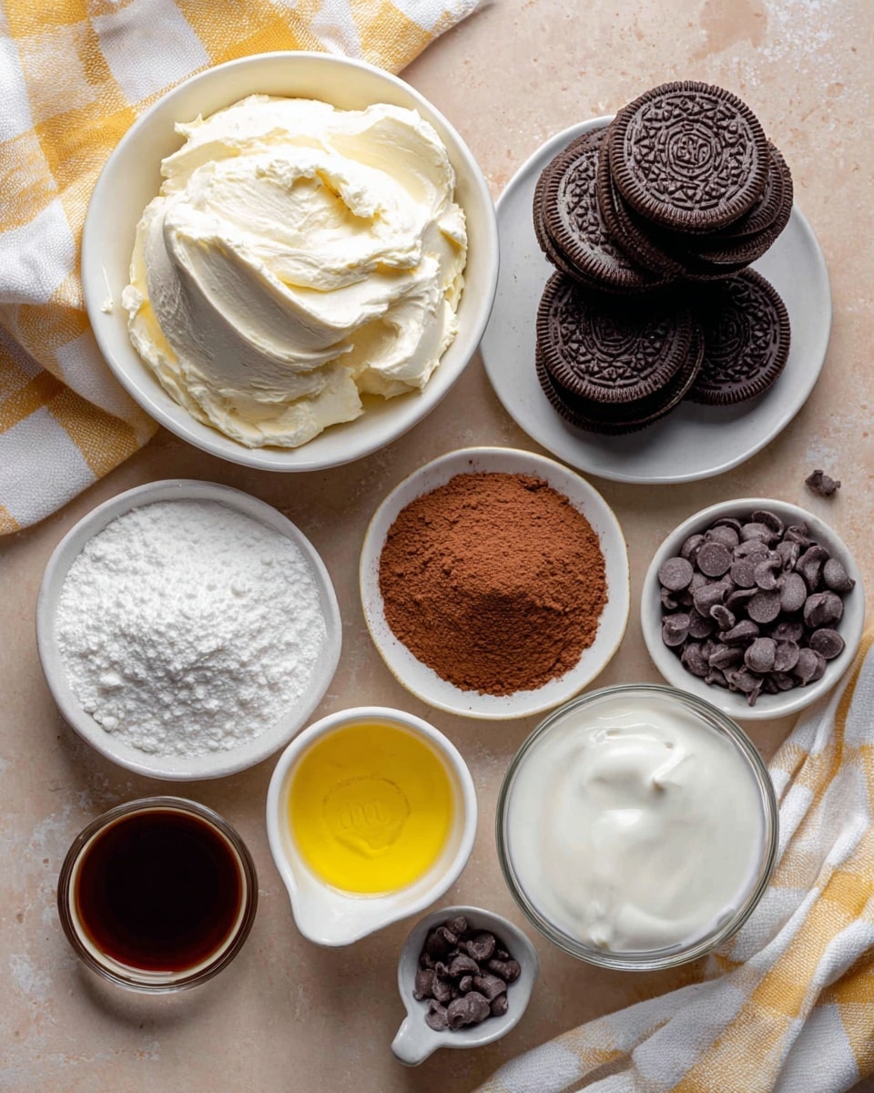The image shows a collection of ingredients arranged on a light brown surface with a white checkered cloth in the background. There are nine containers, each holding a different ingredient. In a white bowl, there is a large portion of white cream cheese with a thick and creamy texture. Next to it, a small white cup holds melted yellow butter. A white bowl filled with stacked dark brown Oreo cookies is close by. A round white dish contains light brown cocoa powder with a fine texture, and next to it, a small white bowl has white powdered sugar. A small clear glass holds white heavy cream, and a larger clear bowl is filled with dark brown chocolate chips. There is also a white bowl with fine granulated white sugar, and a small white cup contains dark vanilla extract. The photo taken with an iphone --ar 4:5 --v 7
