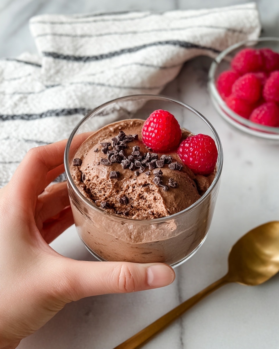 A clear glass bowl held by a woman's hand contains two scoops of thick chocolate mousse with a smooth but slightly textured surface. The top of the mousse is sprinkled with small dark chocolate pieces. On one side of the bowl, there are three fresh red raspberries. The scene is set on a white marbled texture surface, with a white cloth with black stripes in the background and a small clear bowl filled with raspberries also visible. A gold spoon lies on the surface near the bowl. Photo taken with an iphone --ar 4:5 --v 7