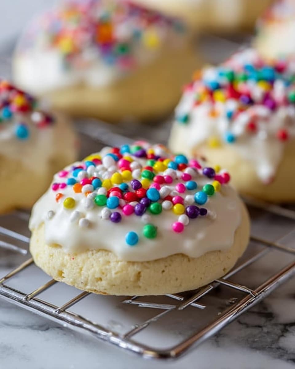 The image shows several round cookies on a metal cooling rack placed over a white marbled surface. Each cookie has two main layers: the base is a soft, slightly yellowish dough, and the top is a thick layer of white icing that smoothly covers the cookie. On top of the icing are colorful round sprinkles in bright red, green, blue, yellow, pink, purple, and white, scattered unevenly. The cookie in the center is in clear focus, showing the texture of the icing and sprinkles well, while the other cookies in the background are slightly out of focus. The photo taken with an iphone --ar 4:5 --v 7