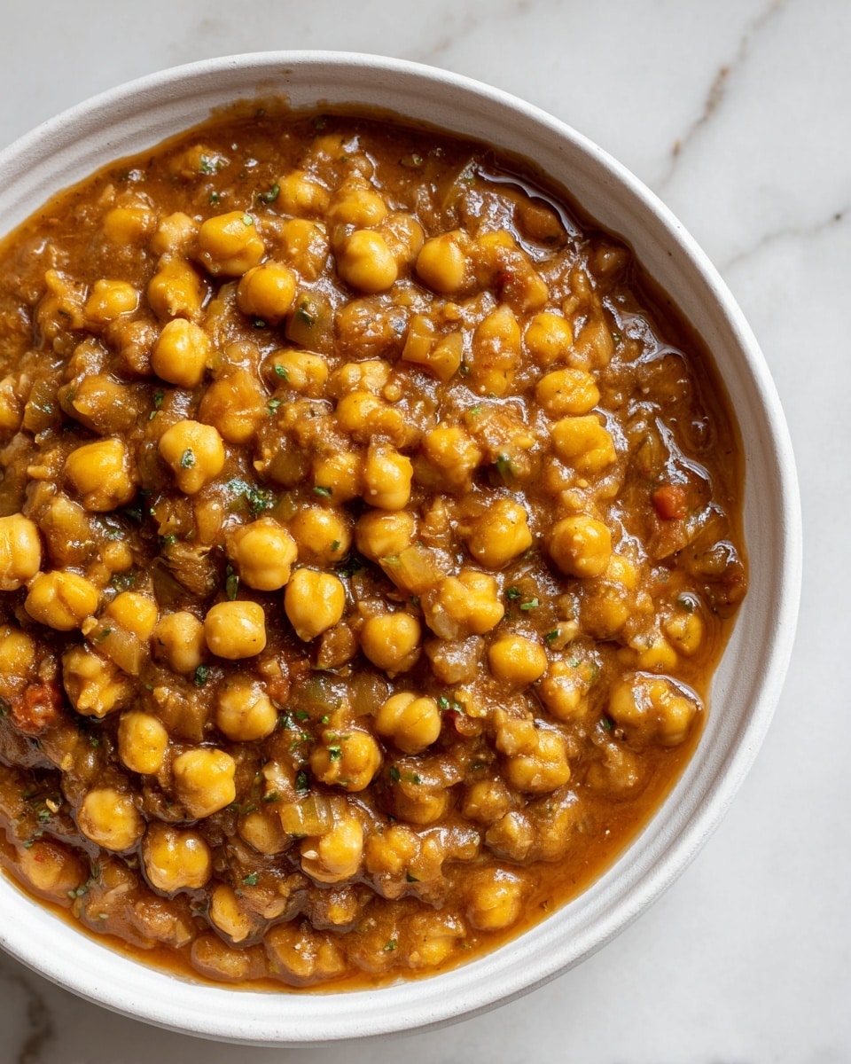 The image shows a close-up of a white bowl filled with a thick chickpea stew. The dish is mainly made up of round, yellow chickpeas mixed with a rich, brown sauce that looks smooth with some chunks of vegetables and herbs. The stew covers the entire visible area inside the bowl with a slightly glossy texture. The bowl sits on a white marbled surface, enhancing the warm tones of the dish. Photo taken with an iphone --ar 4:5 --v 7