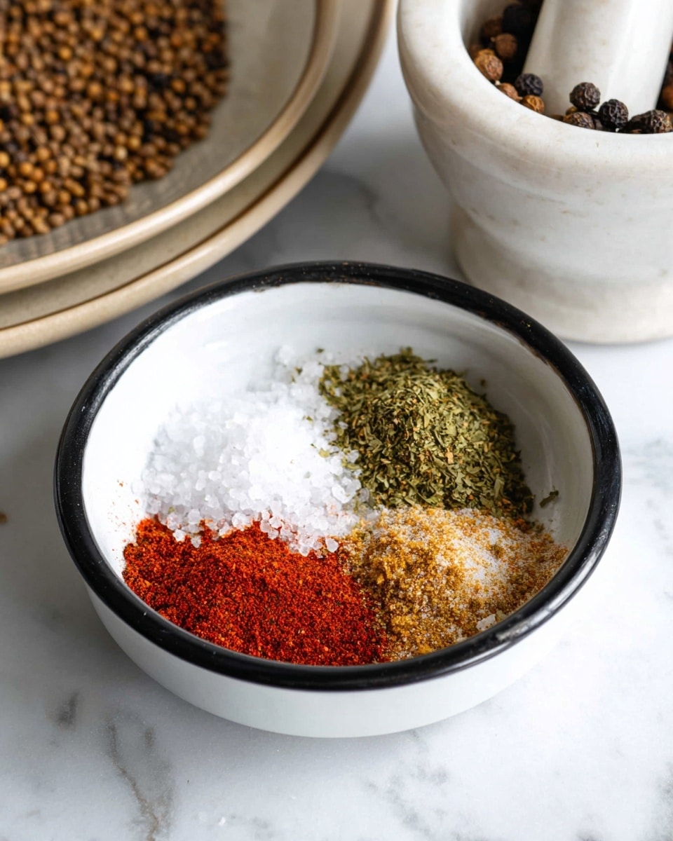 A small white bowl with a black rim holds five different spices carefully arranged side by side without mixing. Starting from the bottom left, there is a bright red chili powder with a fine texture next to a pile of coarse white salt crystals in the center. To the right of the salt, there is a light brown spice powder with a slightly grainy look. Above the salt is a mound of bright green dried herb flakes, and to the left of the green herbs is a pale beige powder. Behind this bowl, a white mortar holds brown and black round seeds scattered inside, with its pestle resting in it. A beige plate with more brown seeds is partially visible to the left on a white marbled surface. photo taken with an iphone --ar 4:5 --v 7
