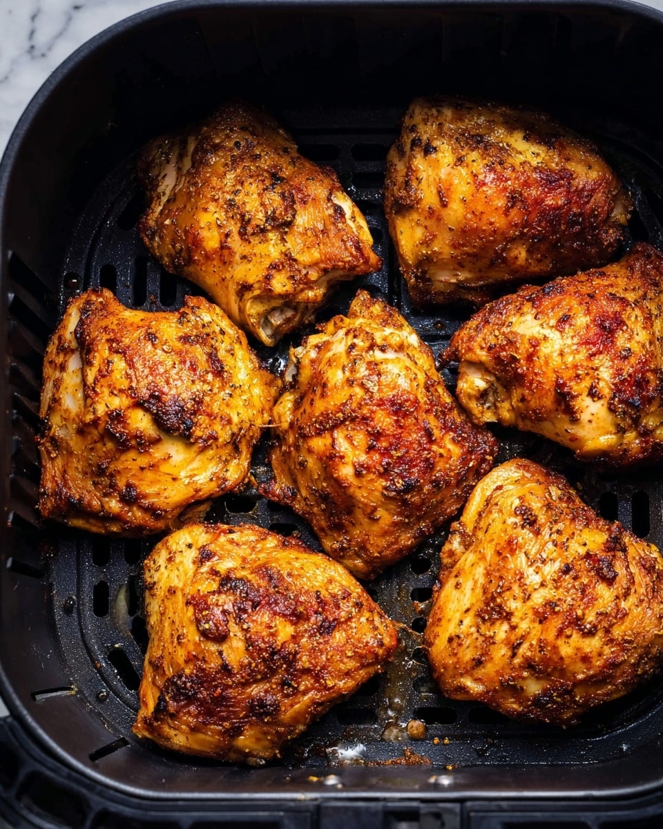 Six pieces of cooked chicken with crispy golden-brown skin are placed in a black air fryer basket. The chicken pieces show a mix of darker brown spots and lighter orange-gold areas, with visible seasoning and a slightly rough texture on the skin. The black basket has oval holes, and there are drops of oil shining on its surface, highlighting the cooked meat. The background is a white marbled texture photo taken with an iphone --ar 4:5 --v 7