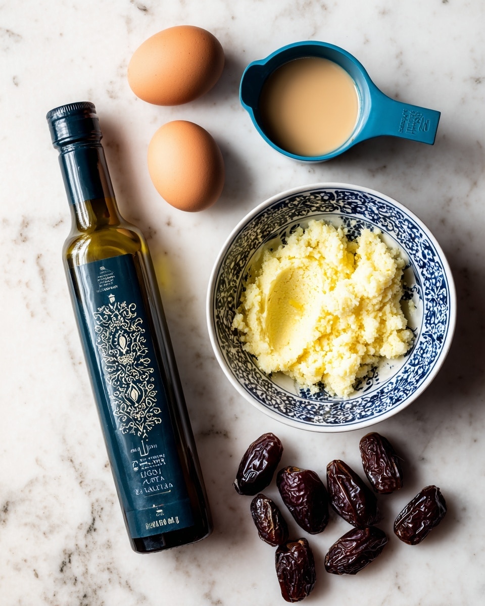 The image shows a bottle of dark green extra virgin olive oil standing upright on a white marbled surface, next to two brown eggs placed side by side on the left. To the right of the bottle is a blue and white patterned bowl filled with a pale yellow, mashed substance that looks soft and lumpy. Above the bowl is a blue measuring cup holding a light brown liquid. On the far right are eight dark brown dates scattered loosely on the surface. The background is a white marbled texture. photo taken with an iphone --ar 4:5 --v 7