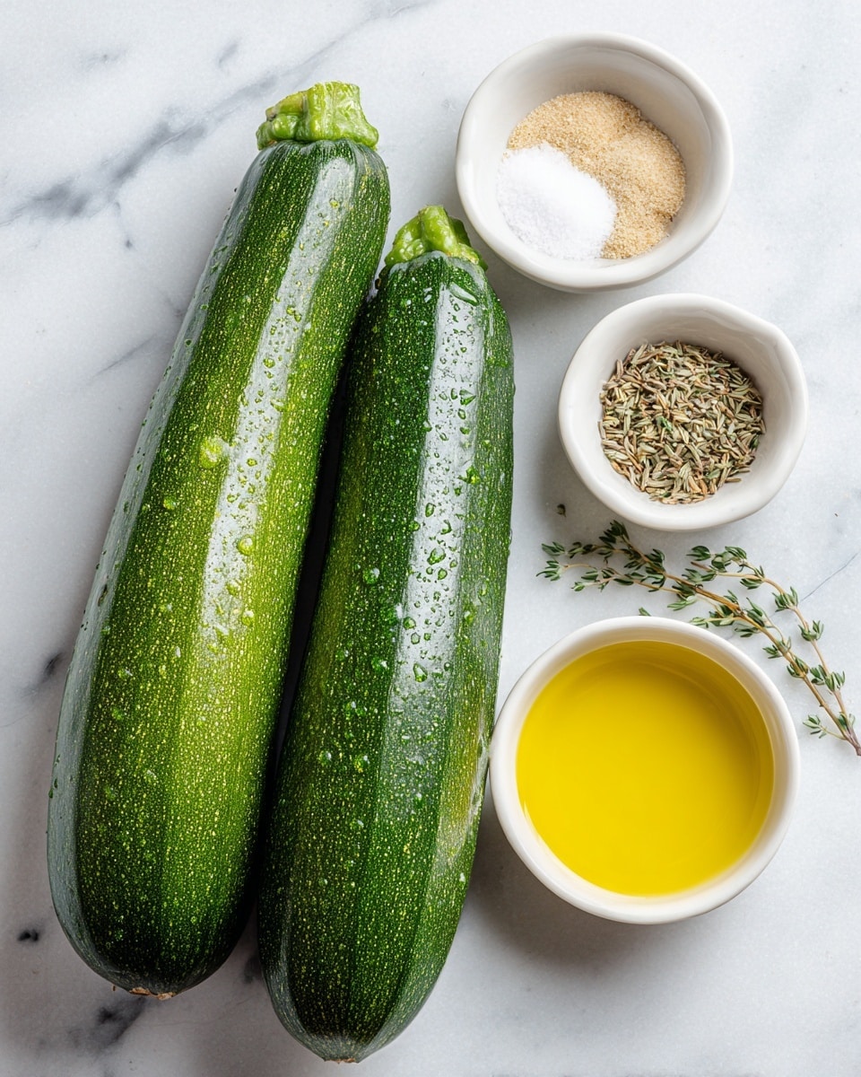 The image shows two fresh zucchinis placed side by side on a white marbled surface, their green skin shiny with droplets of water. Above the zucchinis, there are two small white bowls; the left bowl contains three types of spices—white salt, light beige garlic powder, and small brown dried thyme leaves—while the right bowl is filled with bright yellow olive oil. Each item is neatly arranged with labels identifying them. photo taken with an iphone --ar 4:5 --v 7