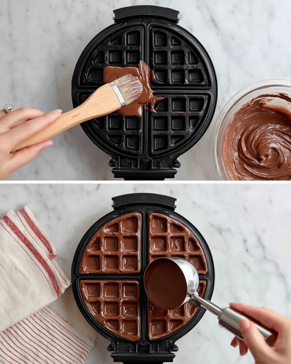 Two images show steps of making chocolate waffles using a round waffle maker with divided sections. In the first image, a woman's hand holds a wooden brush, spreading a shiny layer of oil or butter evenly over the black waffle iron's surface, which is divided into four parts. The waffle maker sits on a white marbled counter with a towel with red lines nearby. In the second image, a woman's hand holds a metal scoop, pouring thick, dark brown chocolate batter onto the center of the oiled waffle iron, filling the square compartments in the lower right section. A glass bowl with more chocolate batter is visible in the background. Photo taken with an iphone --ar 4:5 --v 7